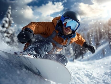 Winter thrill: snowboarder navigating snowy slopes of winter mountains, showcasing skill, adrenaline while enjoying breathtaking scenery and vibrant atmosphere of a snowy adventure