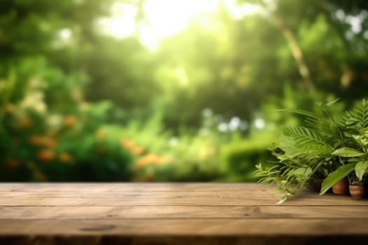 Empty Wooden table and blurred green nature garden background. Generative AI image weber.