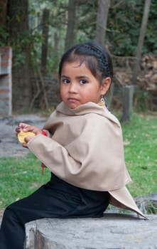 Innocence Amidst Adversity: Portrait of a South American Indigenous Child Eating a Potato, Gazing at the Camera with a Mix of Curiosity and Wariness, in the Heart of the Lush Rainforest. High quality photo