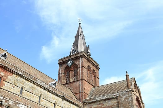 The cathedral tower of St Magnus, Kirkwall on the Scottish island of Orkney.  The cathedral was founded in 1137 and is the only complete medieval cathedral in Scotland.