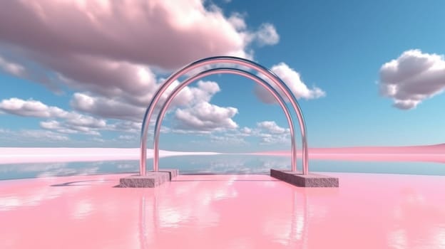 3d render Abstract aesthetic background. Surreal fantasy landscape. Water, pink desert, neon linear arch and chrome metallic gate under the blue sky with white clouds. Generative AI image weber.