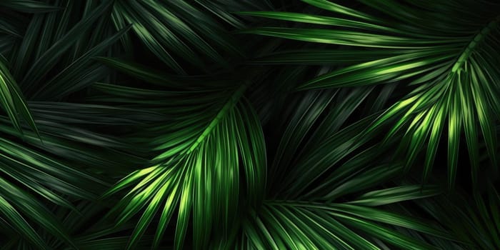 Dark green palm leaves dramatic photo effect background, realism, realistic, hyper realistic. Generative AI image weber.