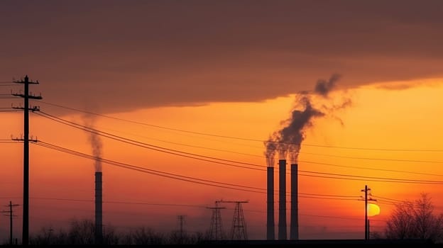 silhouettes of industrial chimneys with thick smoke against an orange sunset sky.