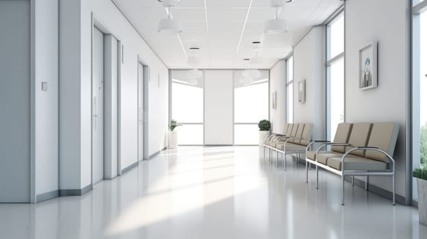 Hospital corridor with windows and white chairs, in the style of bokeh, light gray, bauhaus, light white, skillful. Generative AI image weber.