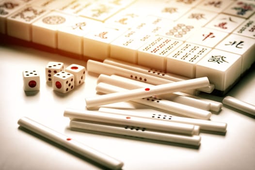 Equipments for Mahjong game. Mahjong is the ancient asian board game.