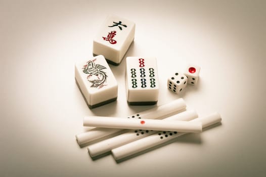 Equipments for Mahjong game. Mahjong is the ancient asian board game.