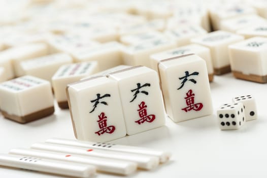 Equipments for Mahjong game. Mahjong is the ancient asian board game.