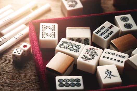 Equipments for Mahjong game. Mahjong is the ancient asian board game.