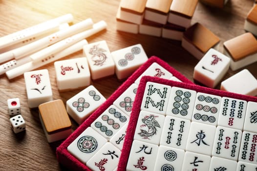 Equipments for Mahjong game. Mahjong is the ancient asian board game.