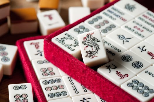 Equipments for Mahjong game. Mahjong is the ancient asian board game.