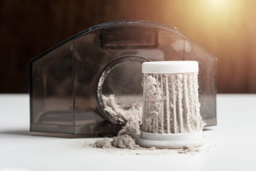 closeup common household dust on HEPA (High efficiency particulate air) filter from the vacuum cleaner.