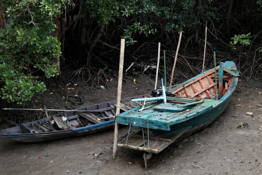 old rowing boat at mangrove forest in Thailand