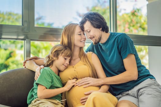 Expectant parents, mom, dad, and their eldest son share a heartwarming moment on the sofa, discussing the exciting journey of pregnancy.