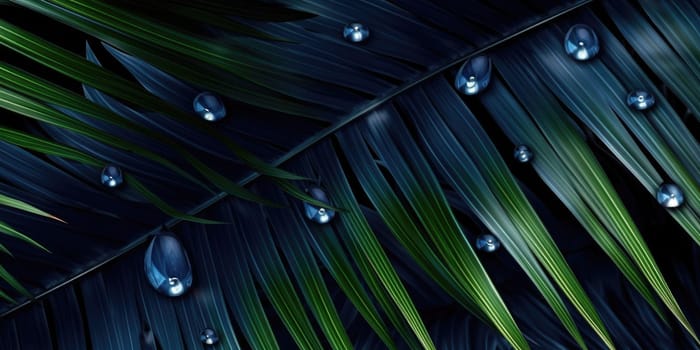 Dark Blue palm leaves dramatic photo effect background, realism, realistic, hyper realistic. Generative AI image weber.