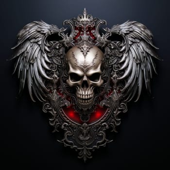 Emblem brutal skull made of dark silver with a crown and wings on a black background isolated AI