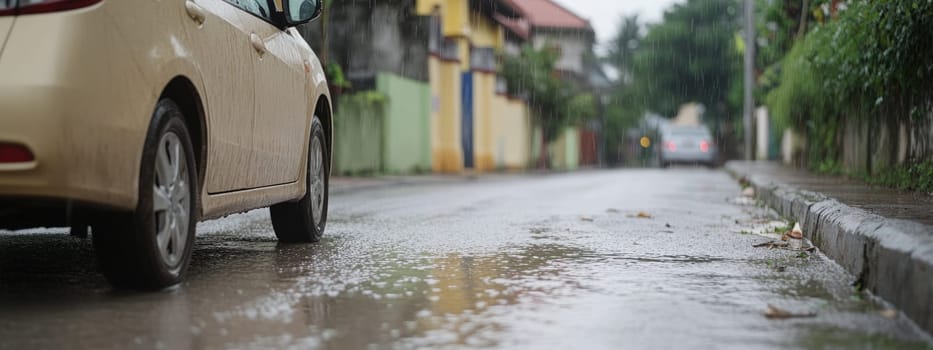Safe journey: vehicle cautiously navigating a damp roadway, emphasizing the importance of driving safety and vehicle control on slippery surfaces while adapting to challenging wet road conditions