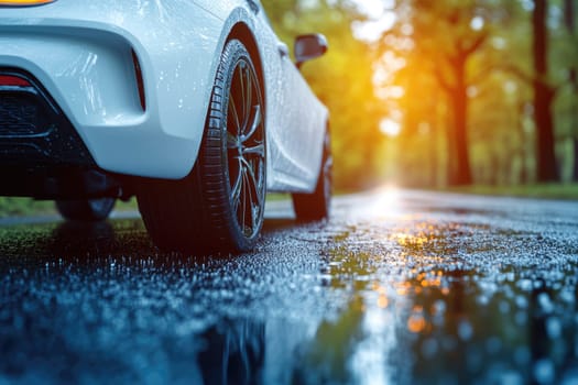 Cautious drive: vehicle carefully maneuvers on a slick road, illustrating the significance of maintaining control and awareness in adverse weather conditions to ensure safety and prevent accidents