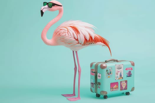 A whimsical flamingo wearing sunglasses stands beside a vintage suitcase, creating a playful travel theme. Perfect for vacation and summer-related visuals.