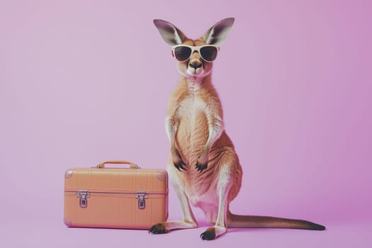 A stylish kangaroo sporting sunglasses stands beside a retro suitcase, set against a bright pink background, capturing the essence of fun travel and adventure.