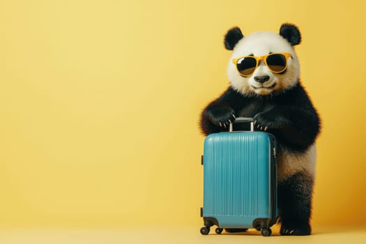 A cheerful panda wearing stylish sunglasses stands next to a bright blue suitcase against a vibrant yellow background, ideal for travel and adventure-themed visuals.