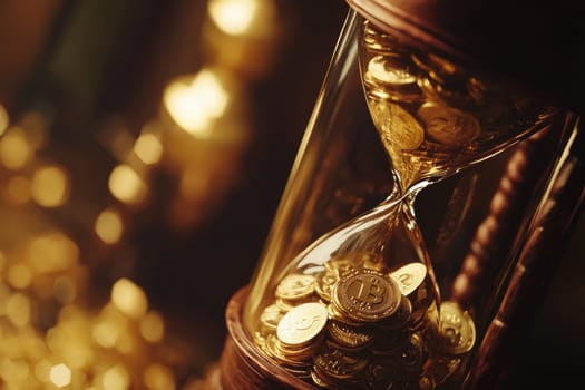 An artistic hourglass contains gold coins, symbolizing the relationship between time and wealth in financial planning, set against a blurred background of golden lights.