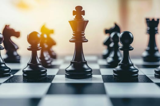 A black chess king stands prominently on a chessboard, surrounded by other pieces, with warm sunlight casting an inspiring glow, representing strategy and intellectual competition.