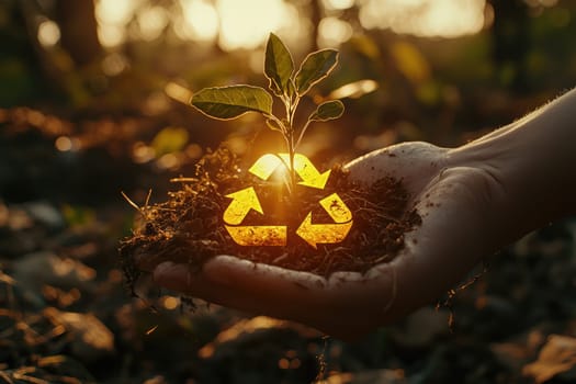 A hand cradles a small plant growing from soil, symbolizing growth, sustainability, and environmental awareness with glowing recycle icons in the background.