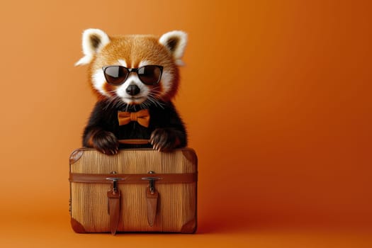 A cheerful red panda with sunglasses and a bow tie stands proudly next to a stylish suitcase, set against a vibrant orange backdrop, embodying a fun travel spirit.