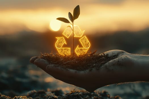 A hand holding rich soil with a young plant symbolizes hope and sustainability, illuminated by soft sunrise light, emphasizing the importance of recycling for a greener future.