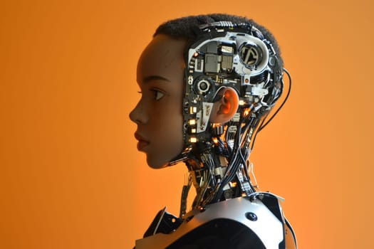 A striking profile view of a human-like robot, featuring intricate mechanics and vibrant wires set against a bold orange backdrop, highlighting innovation in technology design.