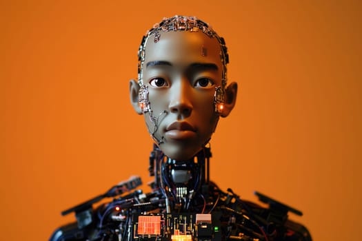 A stunning portrayal of a humanoid robot featuring intricate circuit designs, highlighting the intersection of technology and art with a striking orange background.