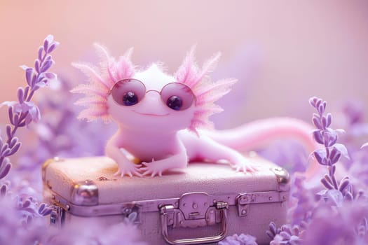 A delightful pink axolotl sporting stylish sunglasses relaxes on a silver suitcase amidst a field of lavender flowers, creating a whimsical and vibrant scene perfect for nature lovers.