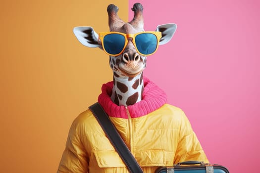 A whimsical giraffe dressed in a bright jacket and trendy sunglasses stands against a vibrant background, capturing a joyful, playful spirit perfect for creative projects.