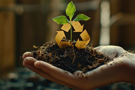 This image showcases hands supporting rich soil with a young plant symbolizing hope, renewal, and environmental responsibility. Perfect for sustainability themes.