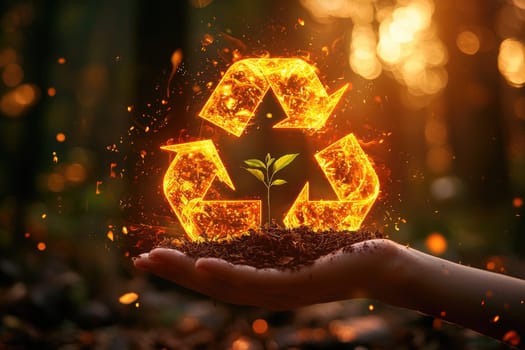 A hand cradles a small plant amidst rich soil, with a radiant recycle symbol glowing around it, symbolizing a commitment to nature and eco-friendly practices.