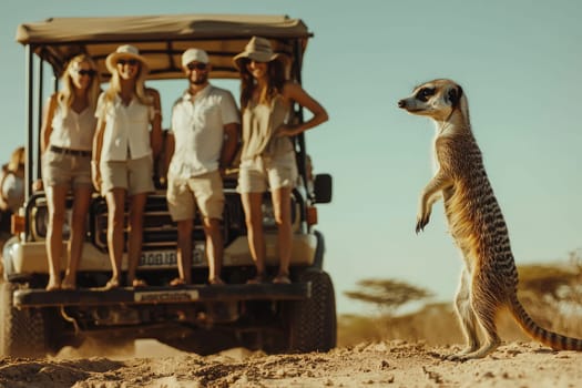 Tourists enjoy a thrilling safari experience, observing a curious meerkat in its natural habitat, while exploring the beauty of the African wilderness together.