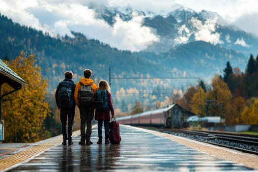 Three young travelers stand on a rainy train station platform, gazing at the beautiful mountain scenery and colorful autumn leaves under a dramatic sky.