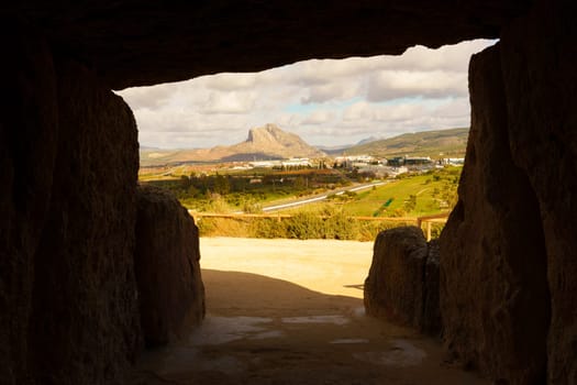 Lovers' Rock seen from the Menga dolmen at the site of the Antequera Dolmens