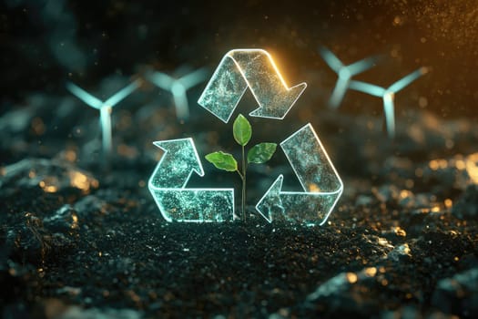A luminous recycling symbol featuring a young green plant symbolizes hope for a sustainable future in renewable energy, highlighting the importance of environmental conservation and ecological balance.