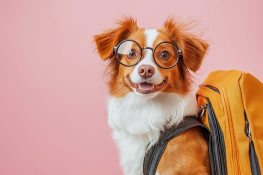 This charming dog with glasses and a stylish backpack is ready for an adventure. Perfect for pet-themed projects, it radiates joy and creativity in a vibrant setting.