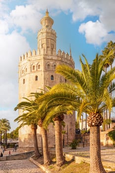 General view of the Torre del Oro in Seville at sunset. Vertical shot