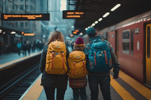 A family stands on a busy train station platform, adorned with colorful backpacks, brimming with excitement as they await their next adventure in the vibrant city.