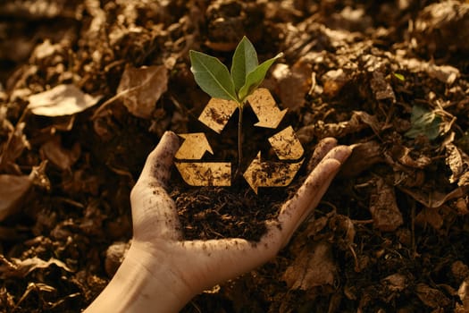 A close-up of a hand holding rich soil with a growing plant, surrounded by recycling symbols, highlighting the importance of environmental care and sustainable practices.