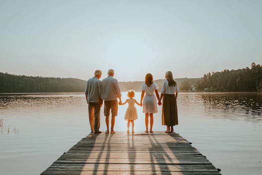 A beautiful family moment at sunset on a lakeside dock, showcasing togetherness and love, perfect for conveying warmth, connection, and the joy of spending time with loved ones.