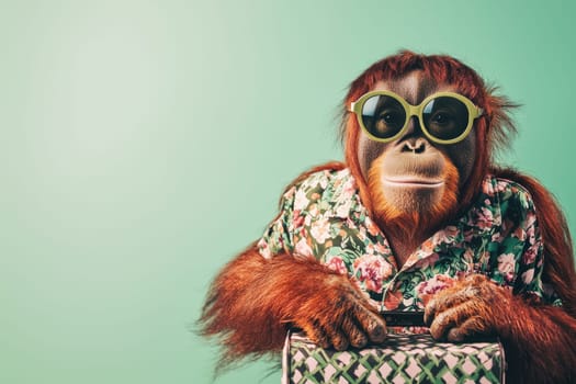 A charming orangutan wearing stylish sunglasses and a floral shirt poses playfully, bringing vibrant energy and a touch of whimsy to this delightful stock photo.