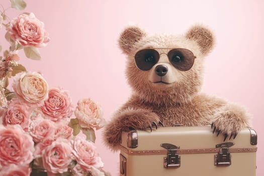 Adorable teddy bear with sunglasses leans on a vintage suitcase surrounded by lovely pink roses, perfect for adding charm and playfulness to creative projects.