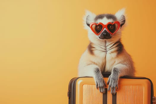 A charming lemur sporting heart-shaped sunglasses, playfully resting on a yellow suitcase against an orange backdrop, embodying a whimsical travel spirit full of personality.