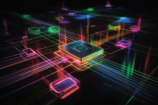 Explore a vibrant representation of a futuristic circuit board complete with colorful light trails, symbolizing advanced technology and data connectivity in the digital era.