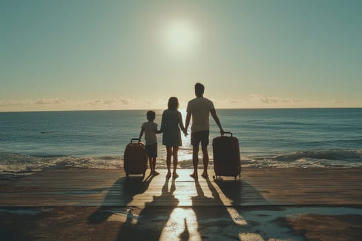 A family stands together on a beach at sunset, holding hands and gazing at the ocean. They have luggage by their sides, capturing a moment of togetherness and future adventures.