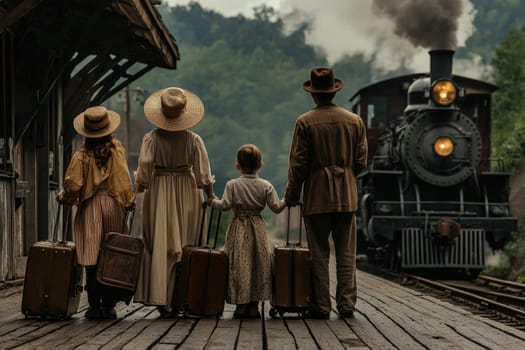 A nostalgic scene at a vintage train station showcases a family holding luggage while a steam locomotive approaches, evoking a sense of adventure and togetherness.
